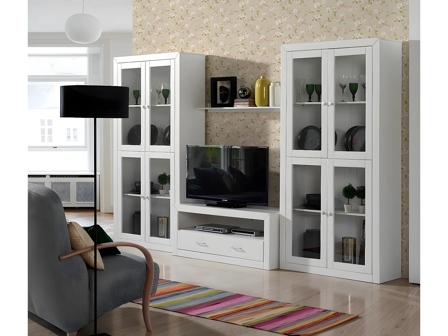 Vitrine meuble de rangement 4 portes en MDF et pin massif laqué blanc - Longueur 100 x Profondeur 37 x Hauteur 200 cm