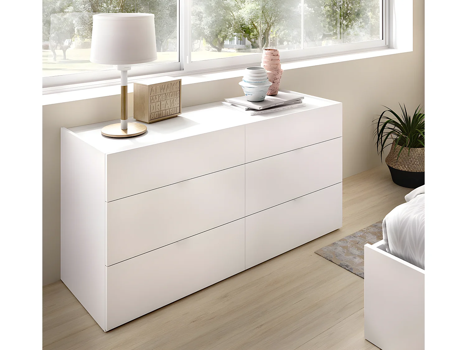 Commode meuble de rangement 6 tiroirs coloris blanc - Longueur 120 x Profondeur 39 x Hauteur 62 cm
