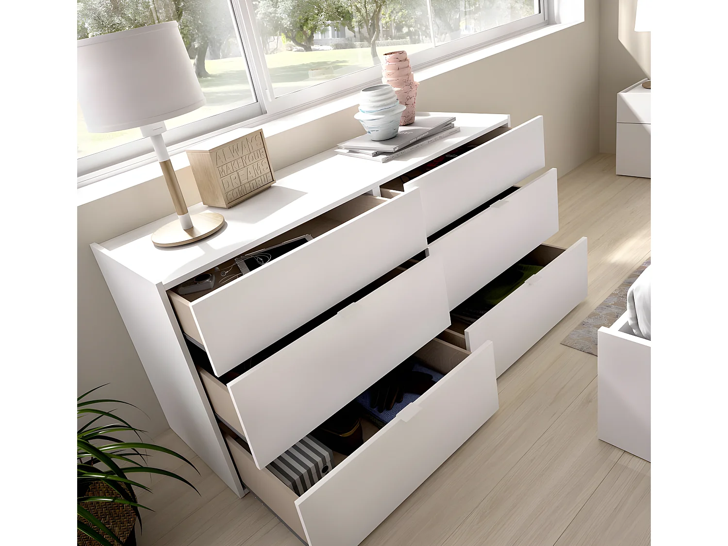 Commode meuble de rangement 6 tiroirs coloris blanc - Longueur 120 x Profondeur 39 x Hauteur 62 cm