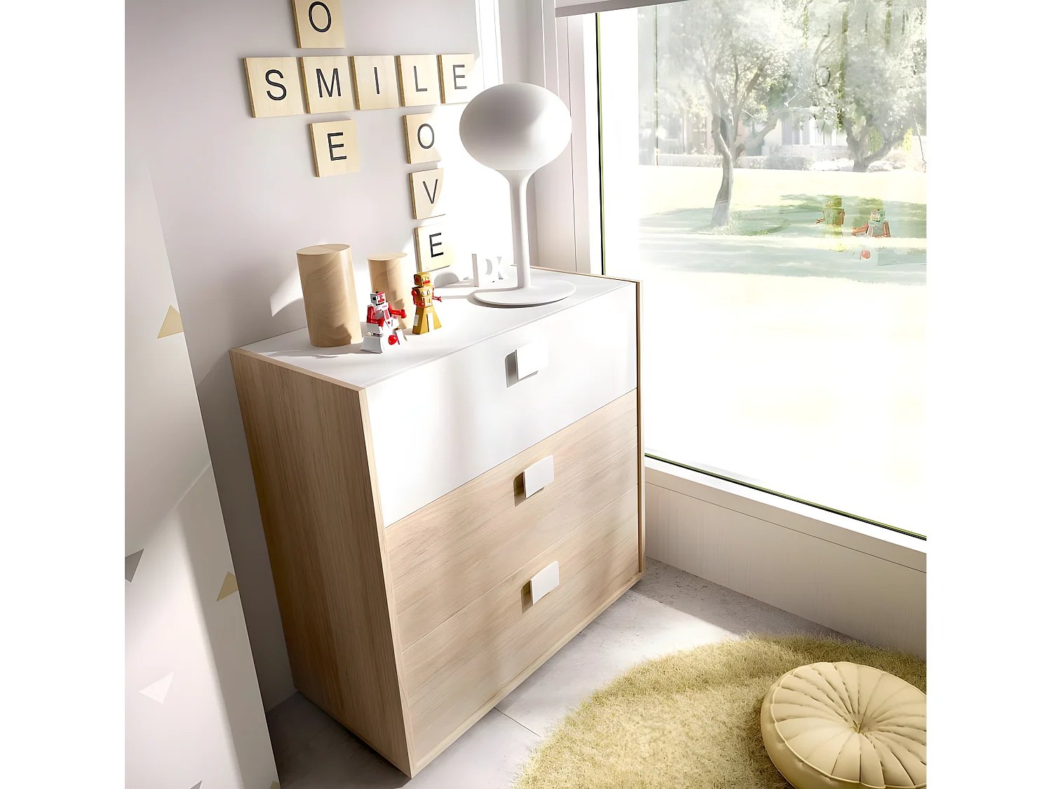 Commode Meuble de rangement coloris chêne/blanc - Longueur 80 x Hauteur 81 x Profondeur 43 cm