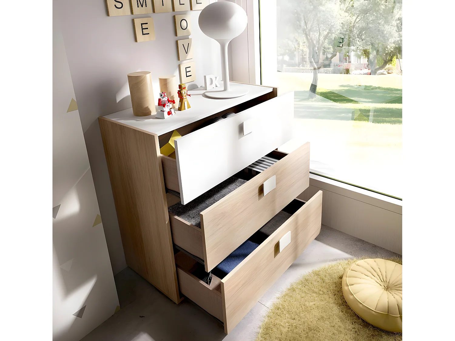 Commode Meuble de rangement coloris chêne/blanc - Longueur 80 x Hauteur 81 x Profondeur 43 cm