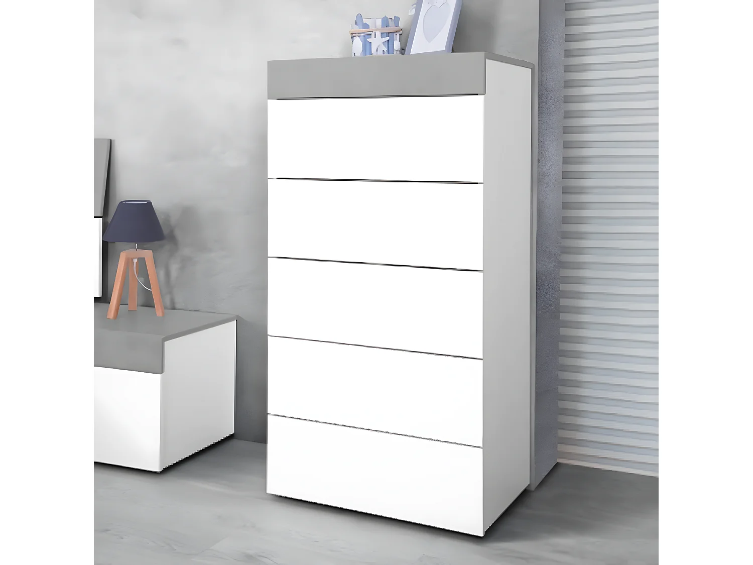 Commode avec 5 tiroirs coloris ciment et blanc artic - 118 x 61 x 40 cm