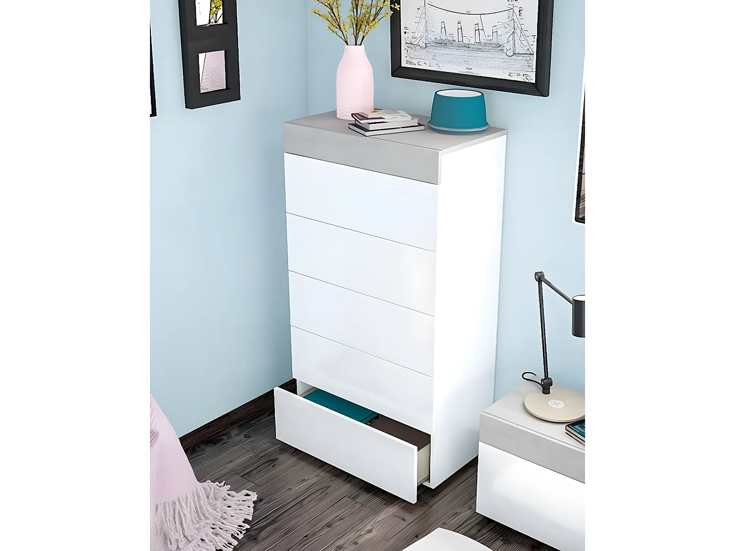 Commode avec 5 tiroirs coloris ciment et blanc artic - 118 x 61 x 40 cm