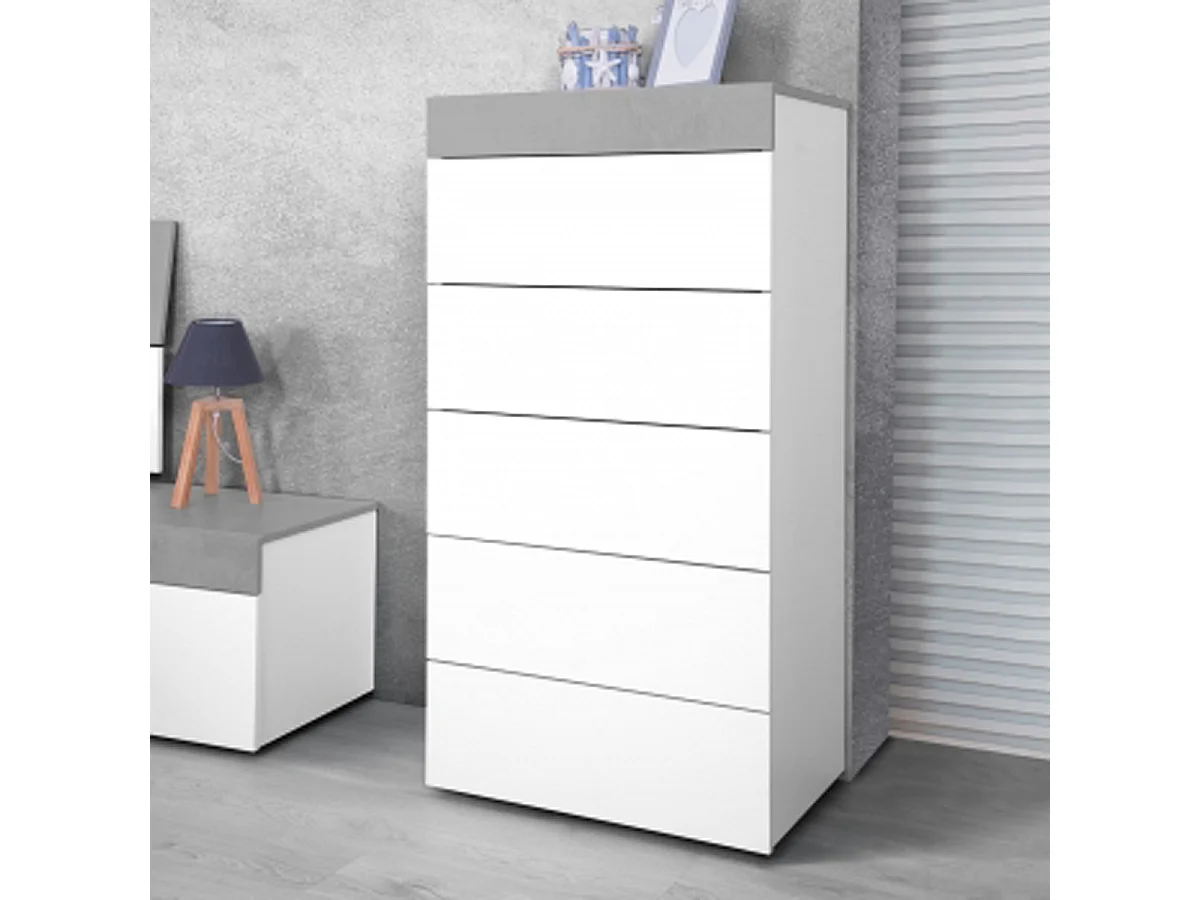Commode avec 5 tiroirs coloris ciment et blanc artic - 118 x 61 x 40 cm