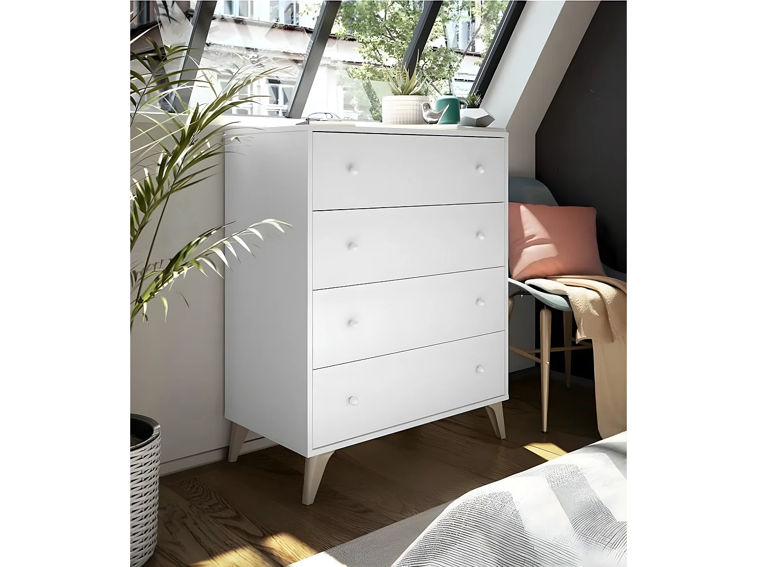 Commode avec 4 tiroirs coloris blanc artic - Hauteur 95 x Longueur 77,5 x Profondeur 40 cm