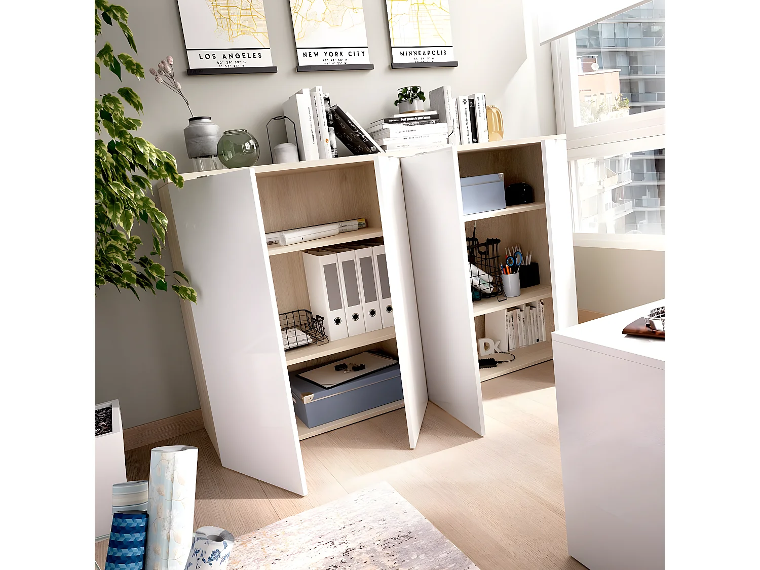 Commode meuble de rangement coloris naturel/blanc - Longueur 79 x Profondeur 40 x Hauteur 96 cm