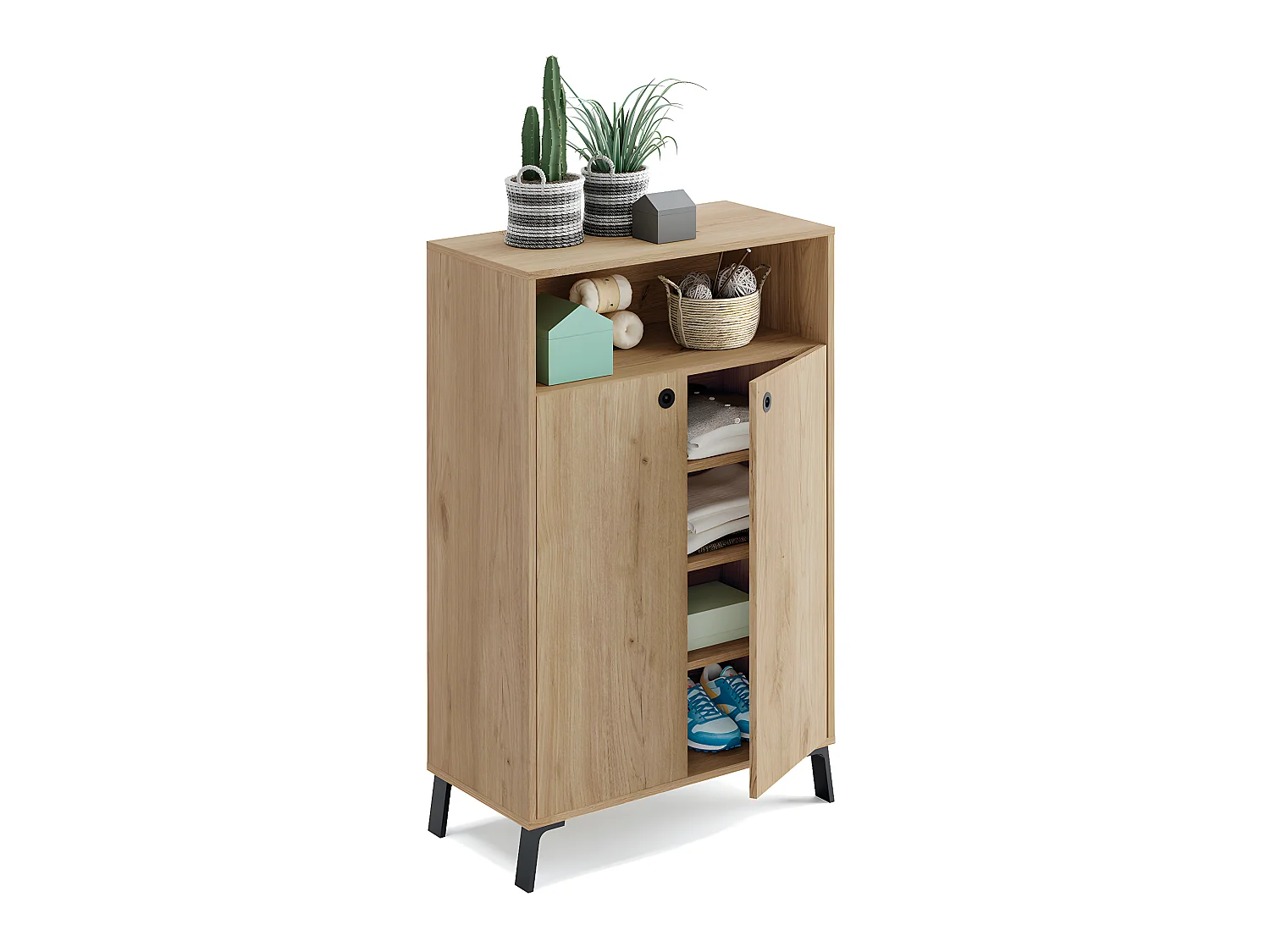 Commode de rangement 2 portes coloris chêne doré - Hauteur 120 x Longueur 74.5 x Profondeur 40 cm