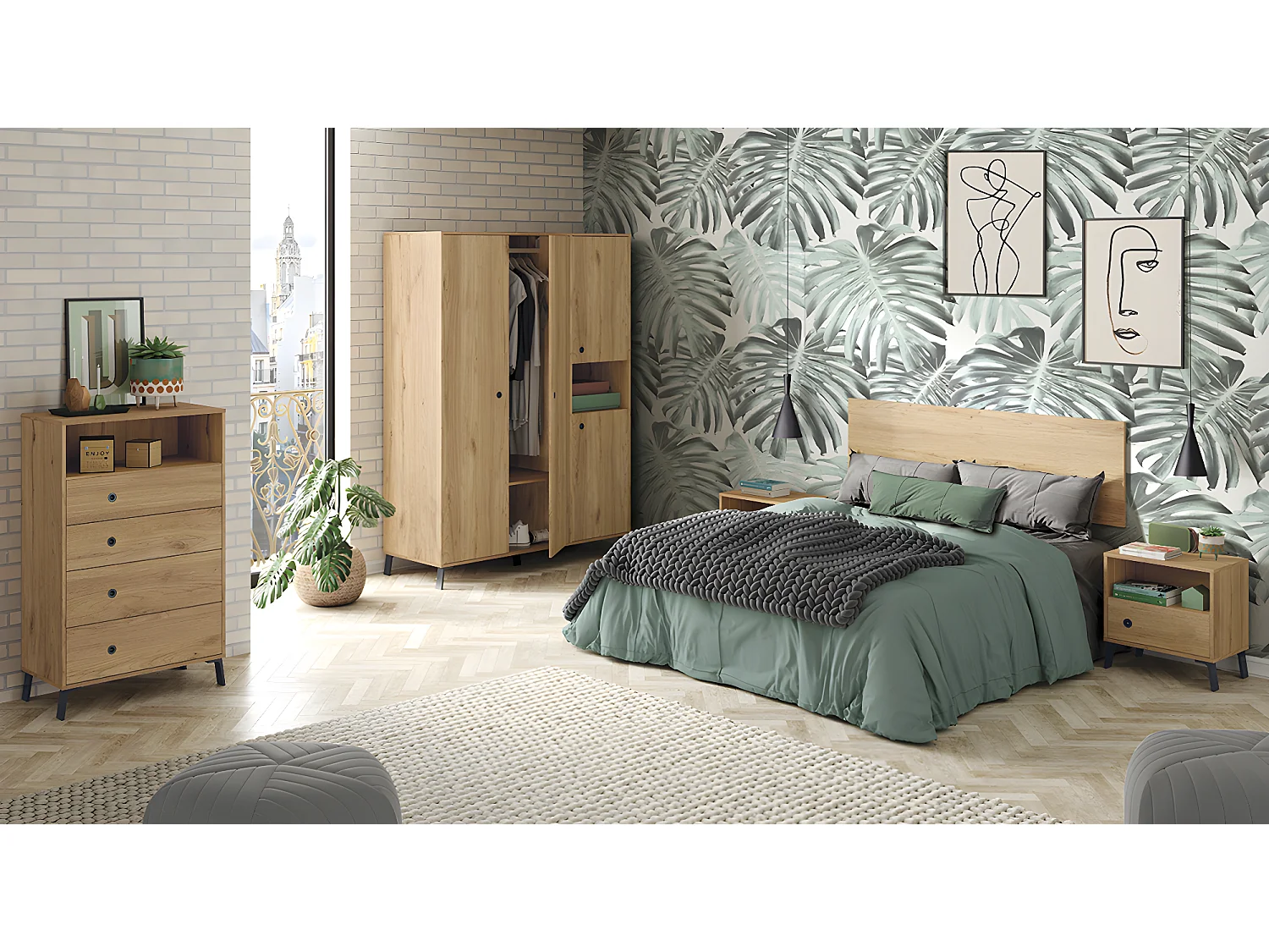 Commode de rangement 2 portes coloris chêne doré - Hauteur 120 x Longueur 74.5 x Profondeur 40 cm