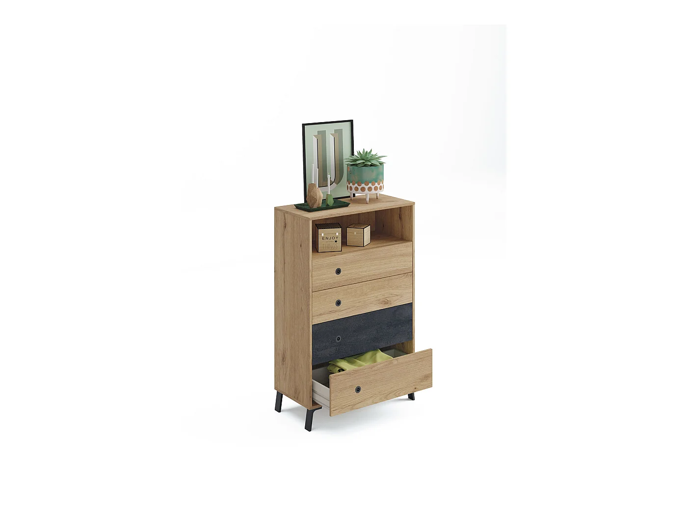 Commode coloris chêne doré / imitation marbre - Hauteur 120 x Longueur 74 x Profondeur 40 cm