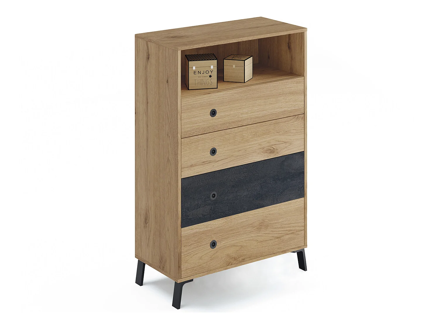 Commode coloris chêne doré / imitation marbre - Hauteur 120 x Longueur 74 x Profondeur 40 cm