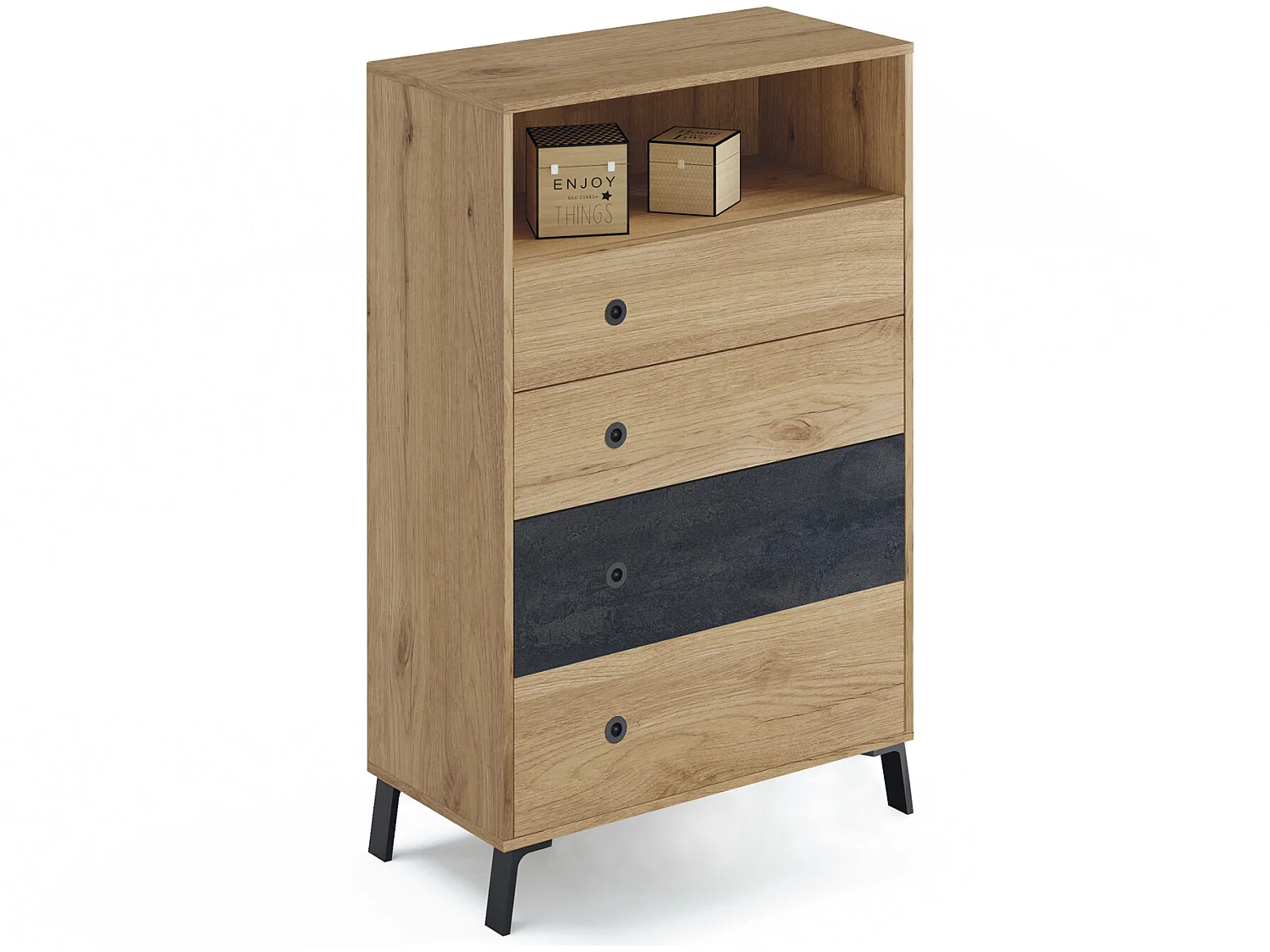 Commode coloris chêne doré / imitation marbre - Hauteur 120 x Longueur 74 x Profondeur 40 cm