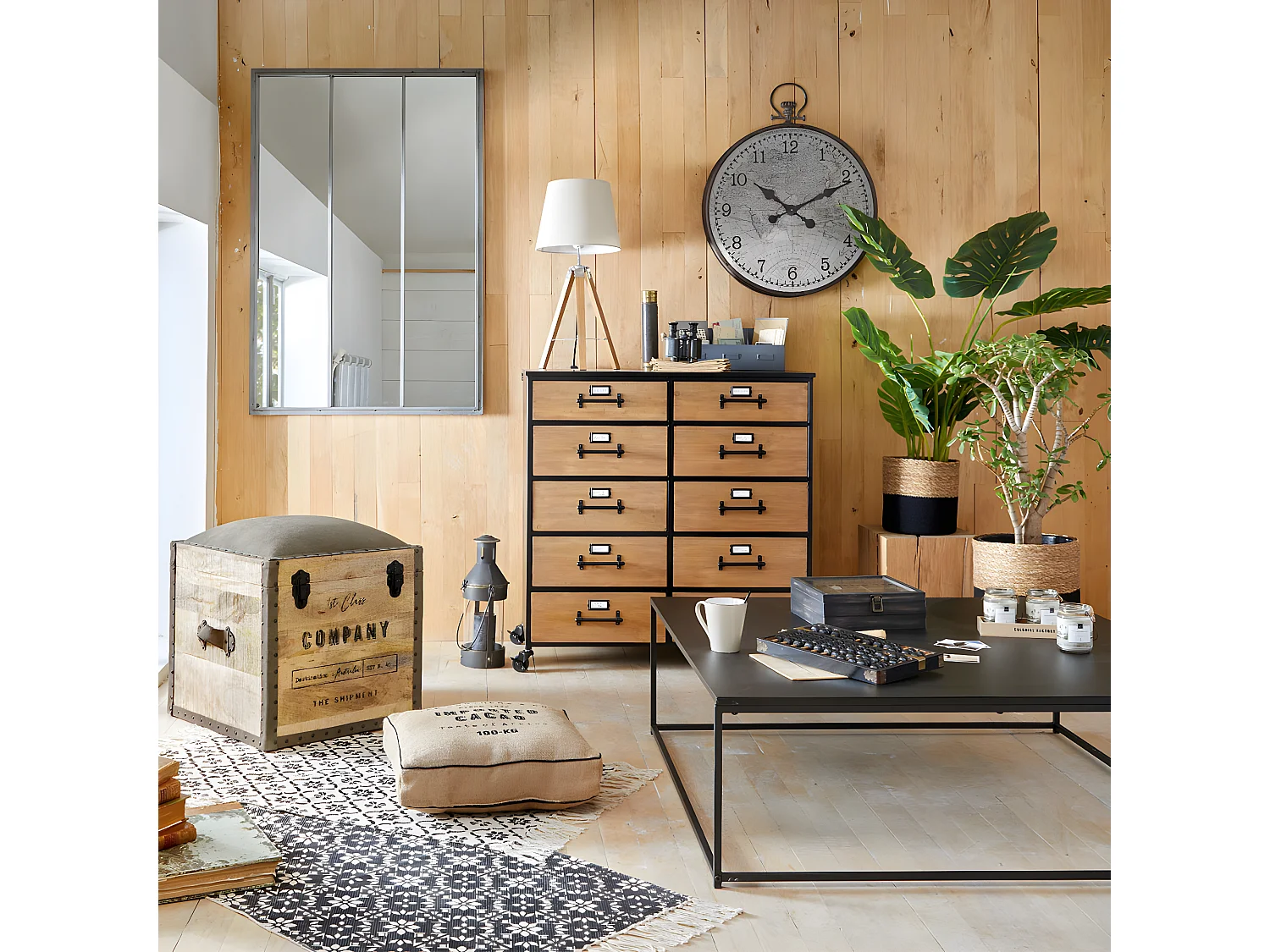 Commode de rangement de 10 tiroirs, coloris noir/naturel - L.84 x l.43 x H.86,7 cm