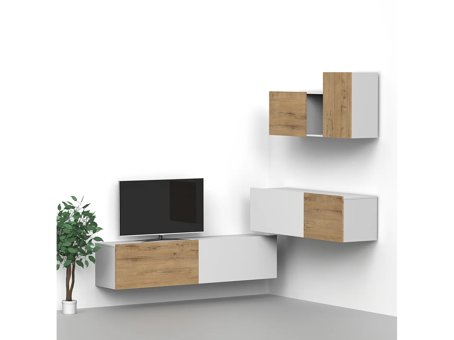 Meuble de salon coloris blanc / chêne doré - Hauteur 42 x Longueur 150 x Profondeur 40 cm