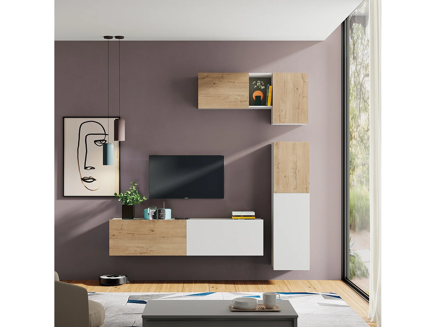 Meuble de salon coloris blanc / chêne doré - Hauteur 42 x Longueur 150 x Profondeur 40 cm