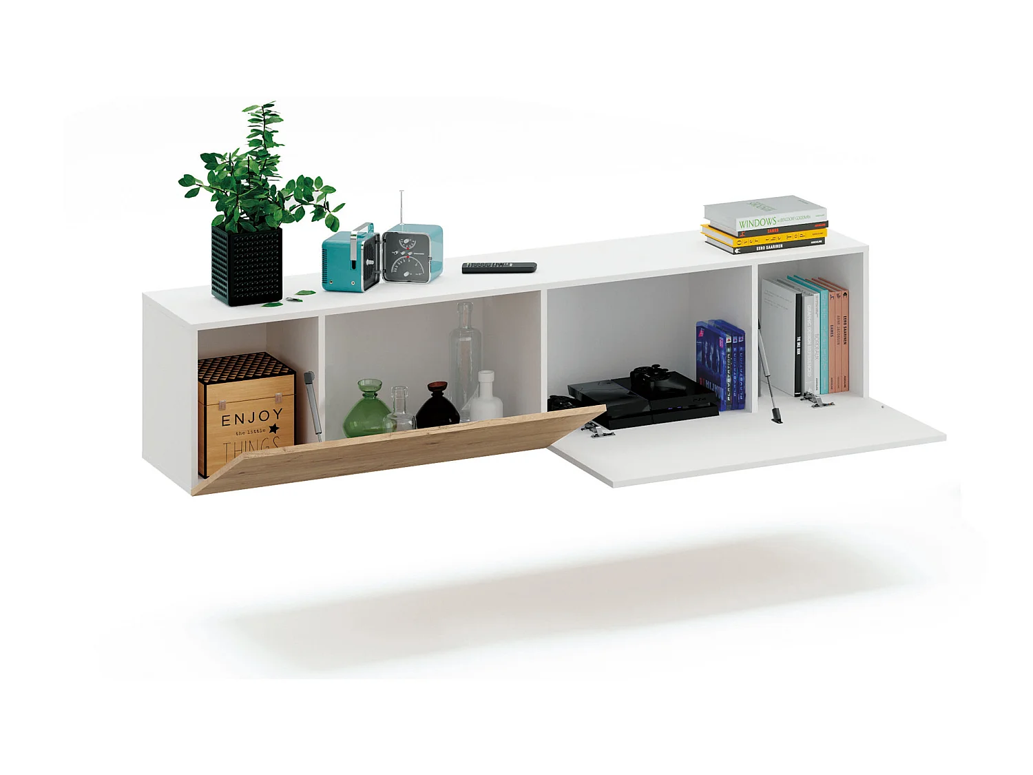 Meuble de salon coloris blanc / chêne doré - Hauteur 42 x Longueur 180 x Profondeur 40 cm