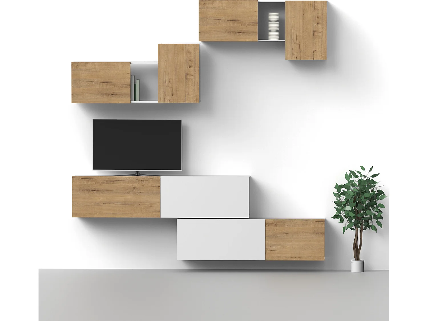 Meuble de salon coloris blanc / chêne doré - Hauteur 60 x Longueur 130 x Profondeur 32 cm