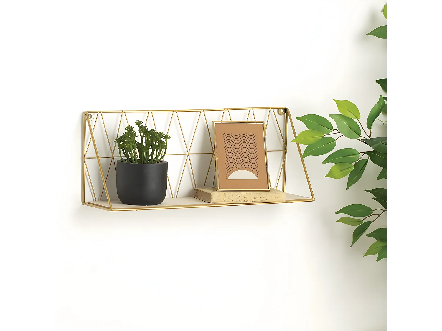 Étagère murale filaire en bois / fer coloris doré - longueur 48 x profondeur 12 x hauteur 20 cm