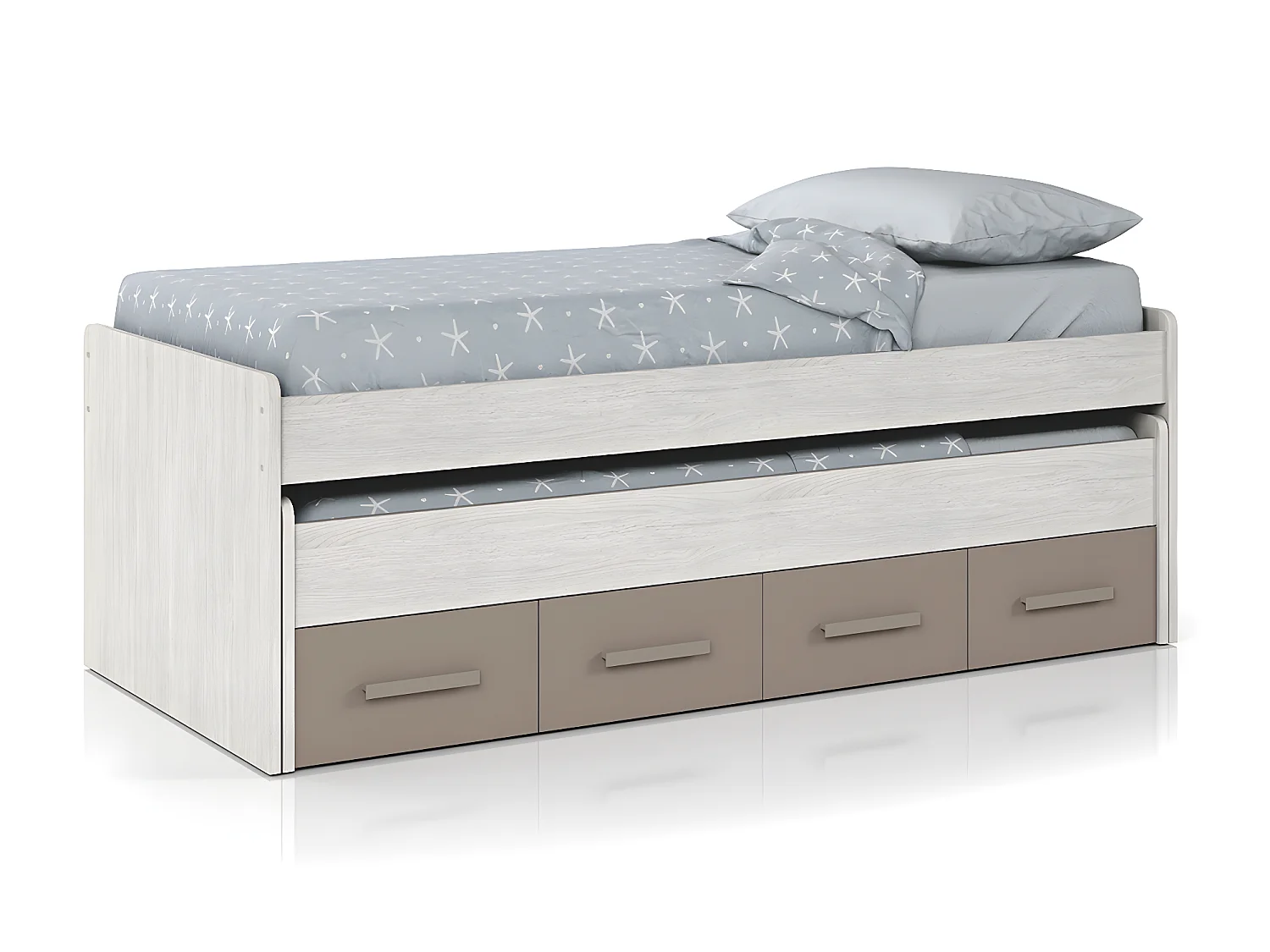 Lit double avec 2 tiroirs coloris Blanc Alpes / Basalte en mélamine - Dim : 69 x 198 x 96 cm