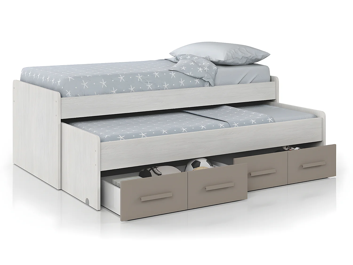 Lit double avec 2 tiroirs coloris Blanc Alpes / Basalte en mélamine - Dim : 69 x 198 x 96 cm