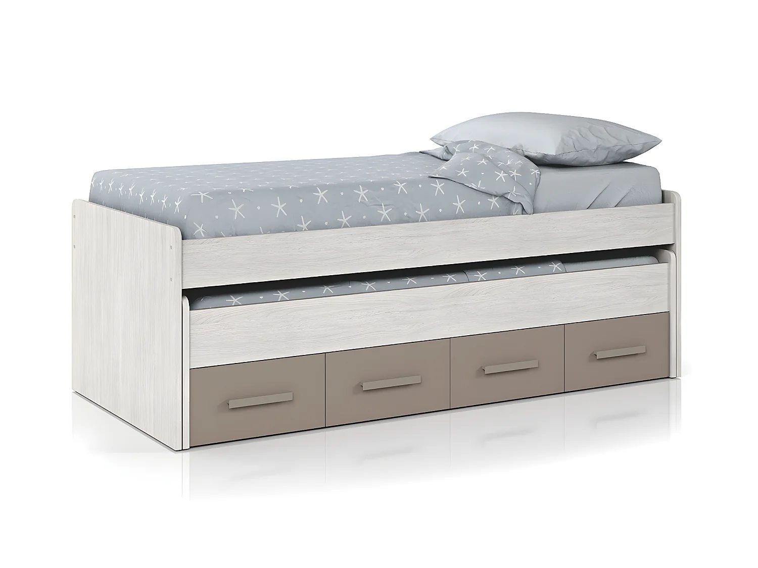 Lit double avec 2 tiroirs coloris Blanc Alpes / Basalte en mélamine - Dim : 69 x 198 x 96 cm