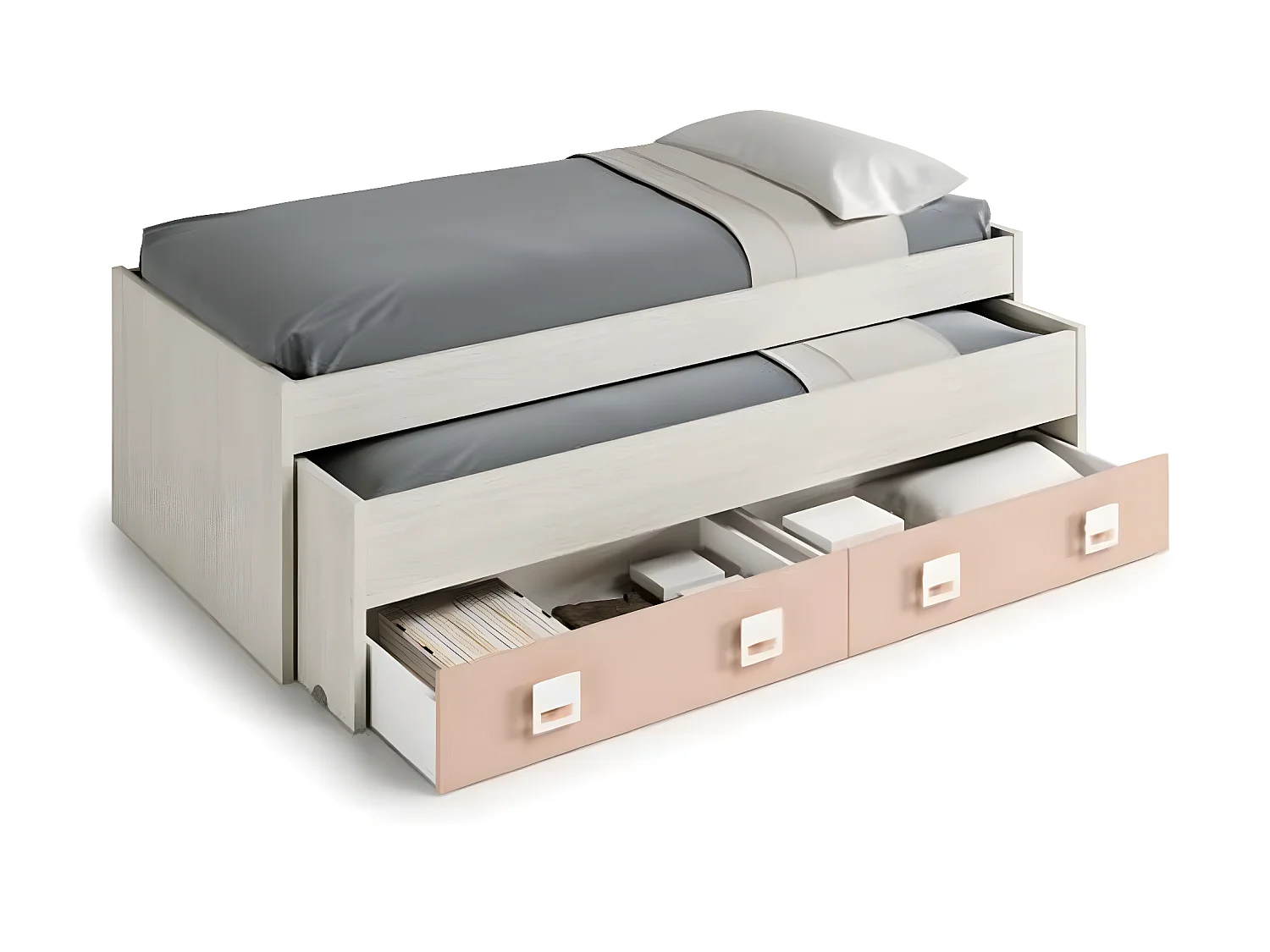Lit Gigogne double coloris blanc alpes / rose - 69 x 199 x 96 cm