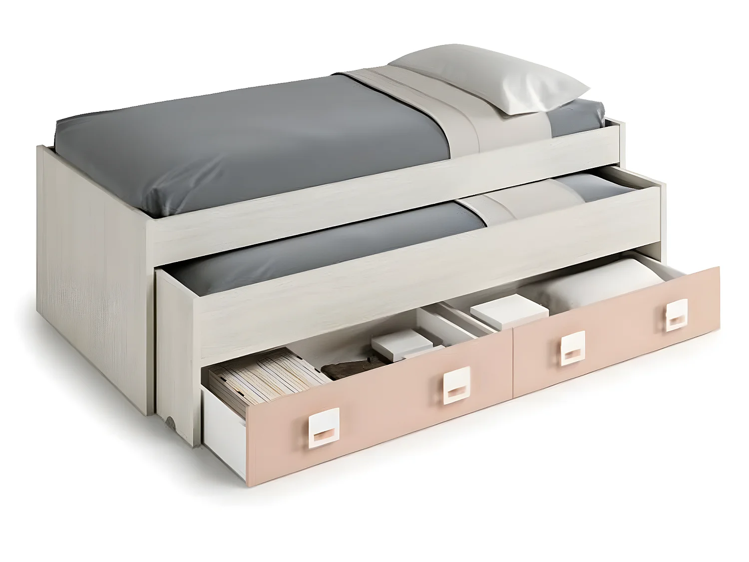 Lit Gigogne double coloris blanc alpes / rose - 69 x 199 x 96 cm