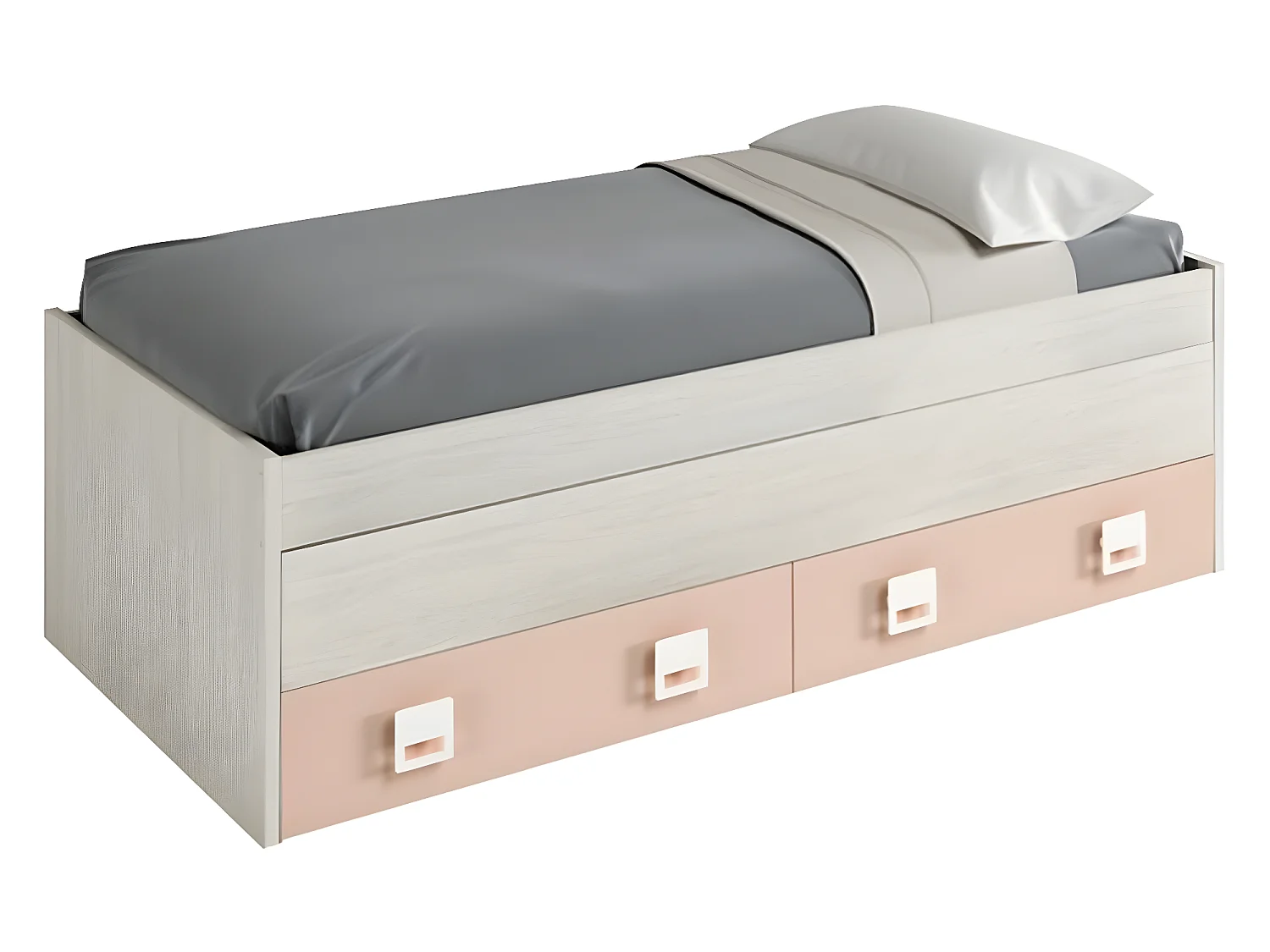 Lit Gigogne double coloris blanc alpes / rose - 69 x 199 x 96 cm