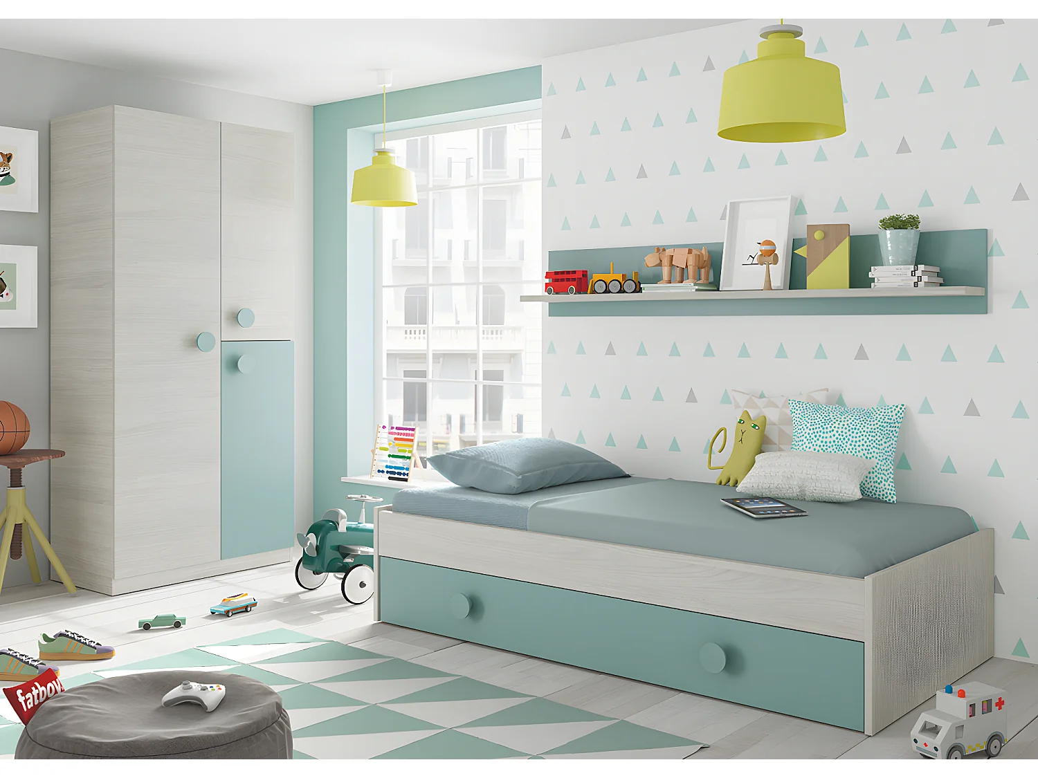 Lit avec un tiroir coloris Blanc Alpes / vert Acqua en mélamine - Dim : 43 x 201 x 98 cm