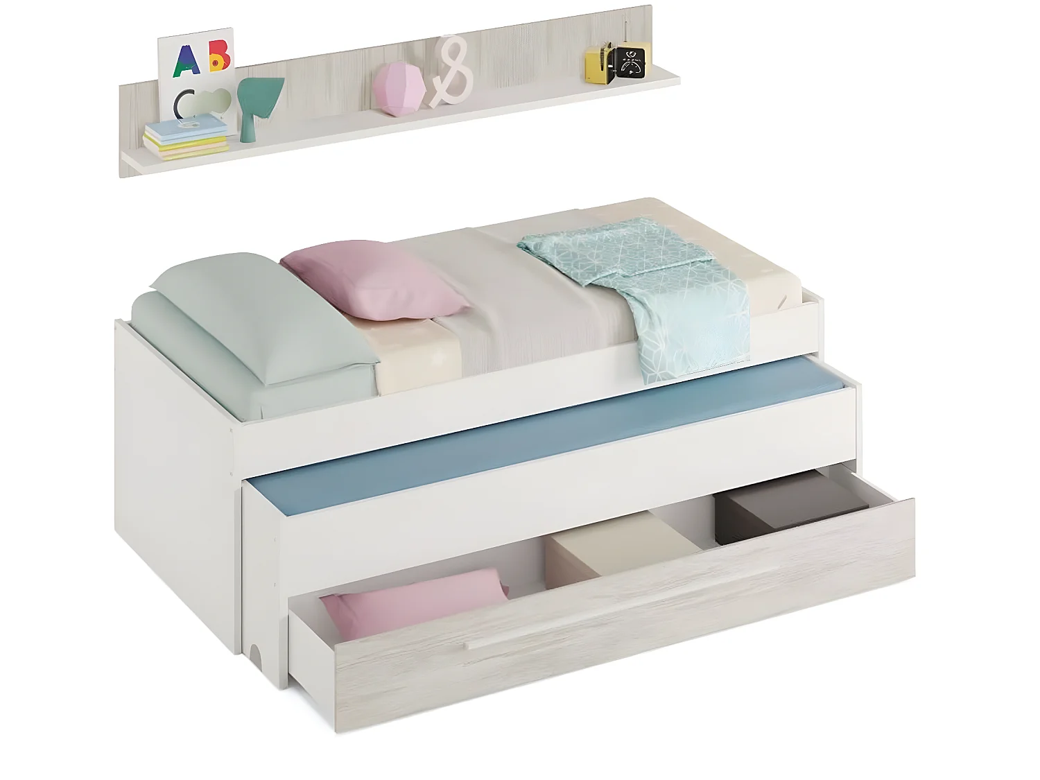 Lit enfant gigogne double coloris blanc artic / blanc poli - Hauteur 65 x Longueur 199 x Profondeur 96 cm