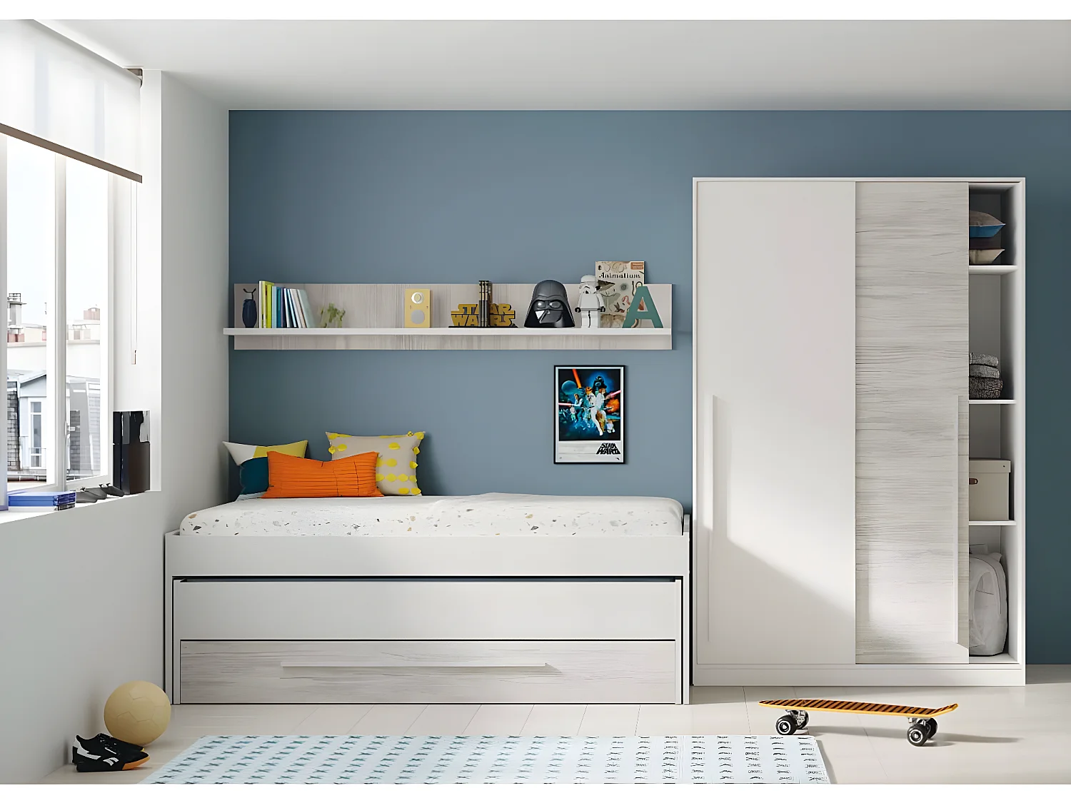 Lit enfant gigogne double coloris blanc artic / blanc poli - Hauteur 65 x Longueur 199 x Profondeur 96 cm