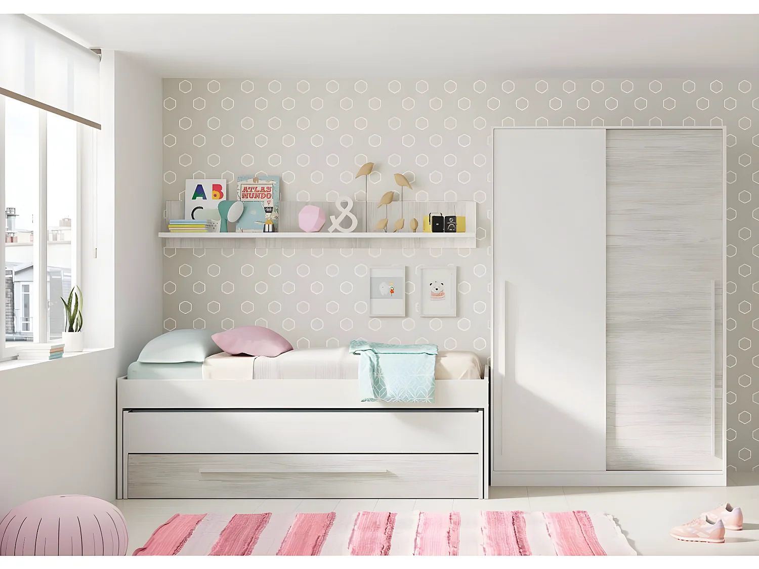 Lit enfant gigogne double coloris blanc artic / blanc poli - Hauteur 65 x Longueur 199 x Profondeur 96 cm