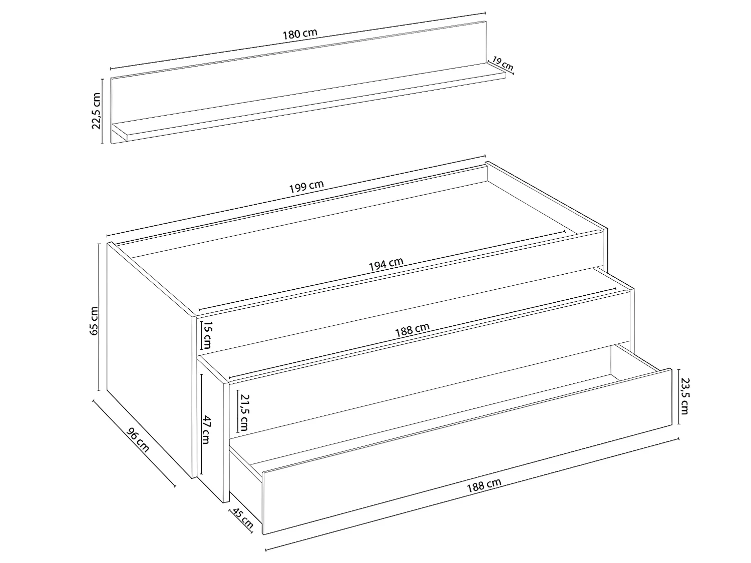 Lit enfant gigogne double coloris blanc artic / blanc poli - Hauteur 65 x Longueur 199 x Profondeur 96 cm
