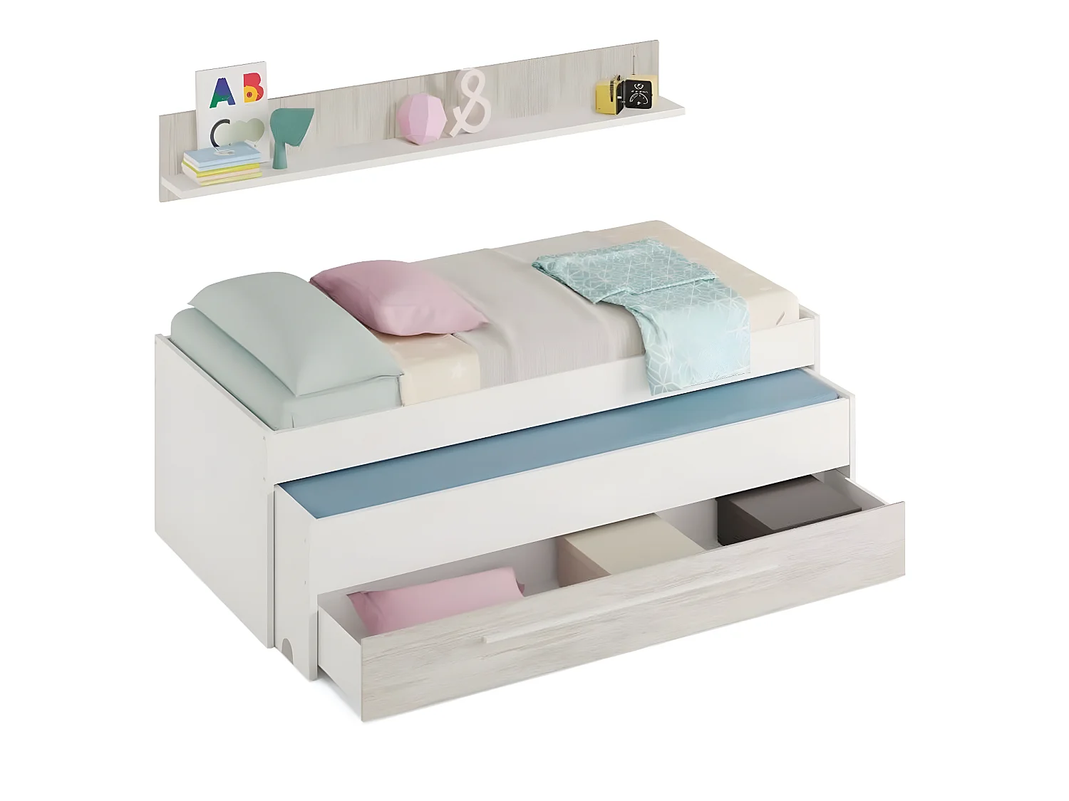 Lit enfant gigogne double coloris blanc artic / blanc poli - Hauteur 65 x Longueur 199 x Profondeur 96 cm