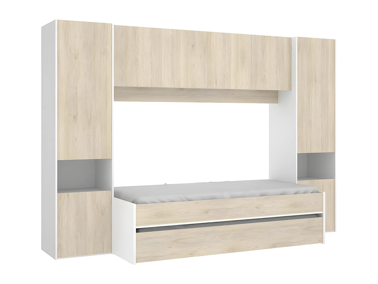 Lit enfant gigogne 90 x 190 cm coloris blanc /chêne + armoire - Longueur 302 x Hauteur 203 x Profondeur 97 cm