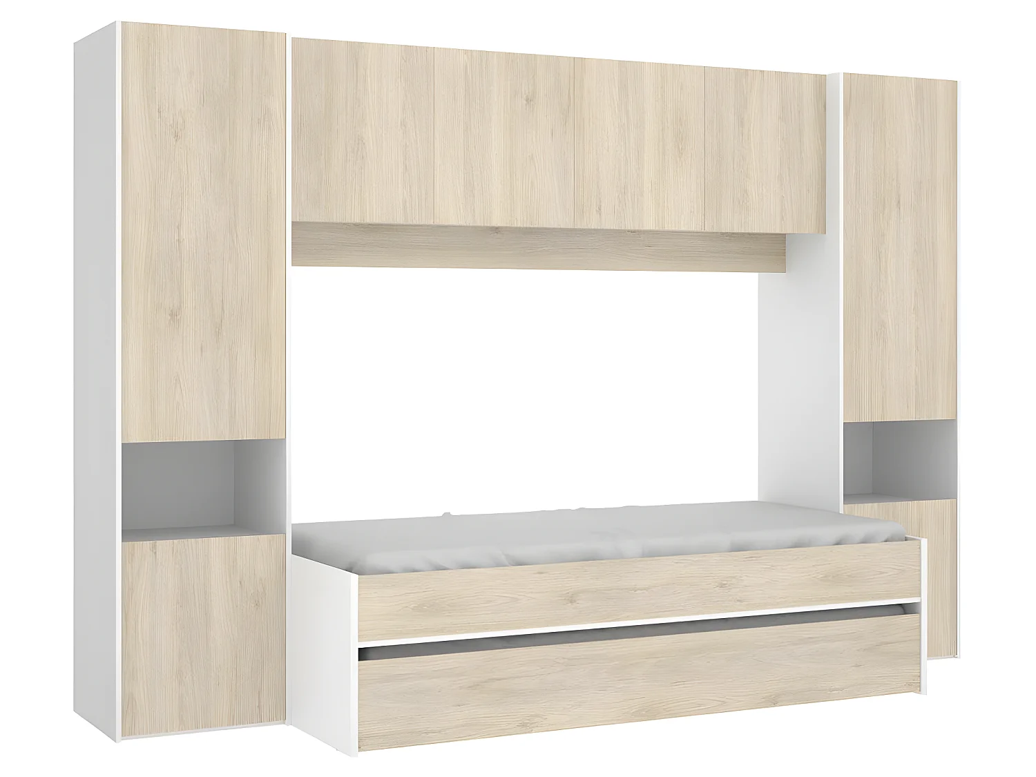 Lit enfant gigogne 90 x 190 cm coloris blanc /chêne + armoire - Longueur 302 x Hauteur 203 x Profondeur 97 cm