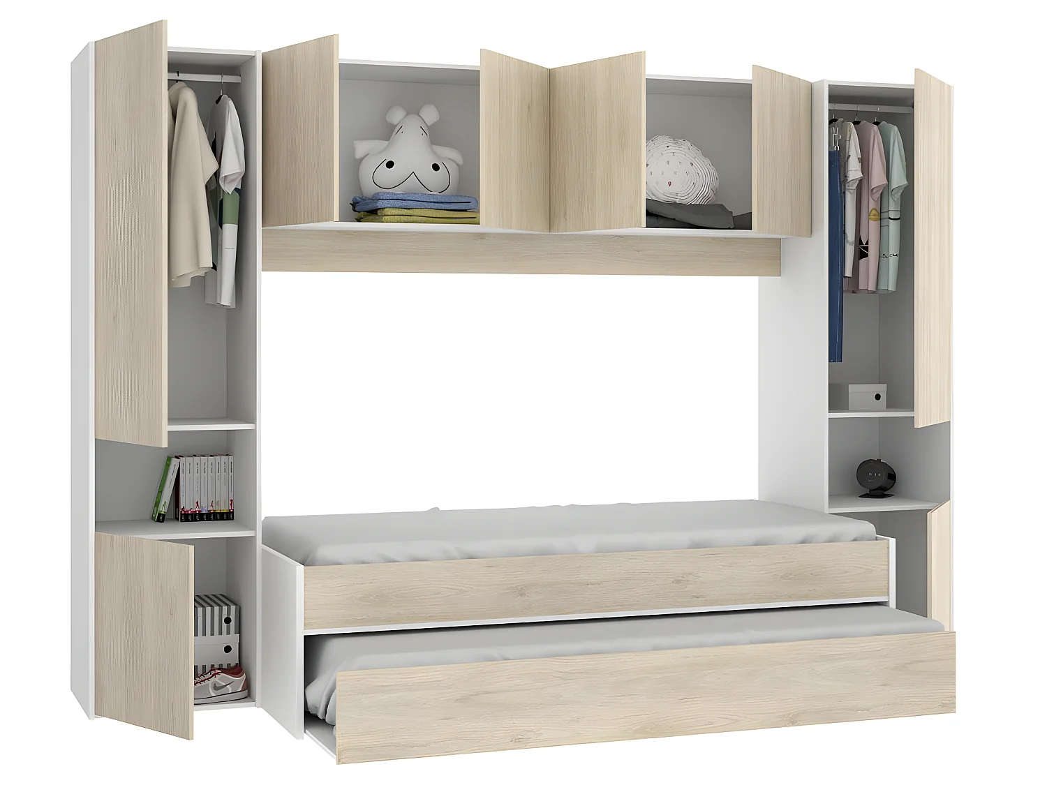 Lit enfant gigogne 90 x 190 cm coloris blanc /chêne + armoire - Longueur 302 x Hauteur 203 x Profondeur 97 cm