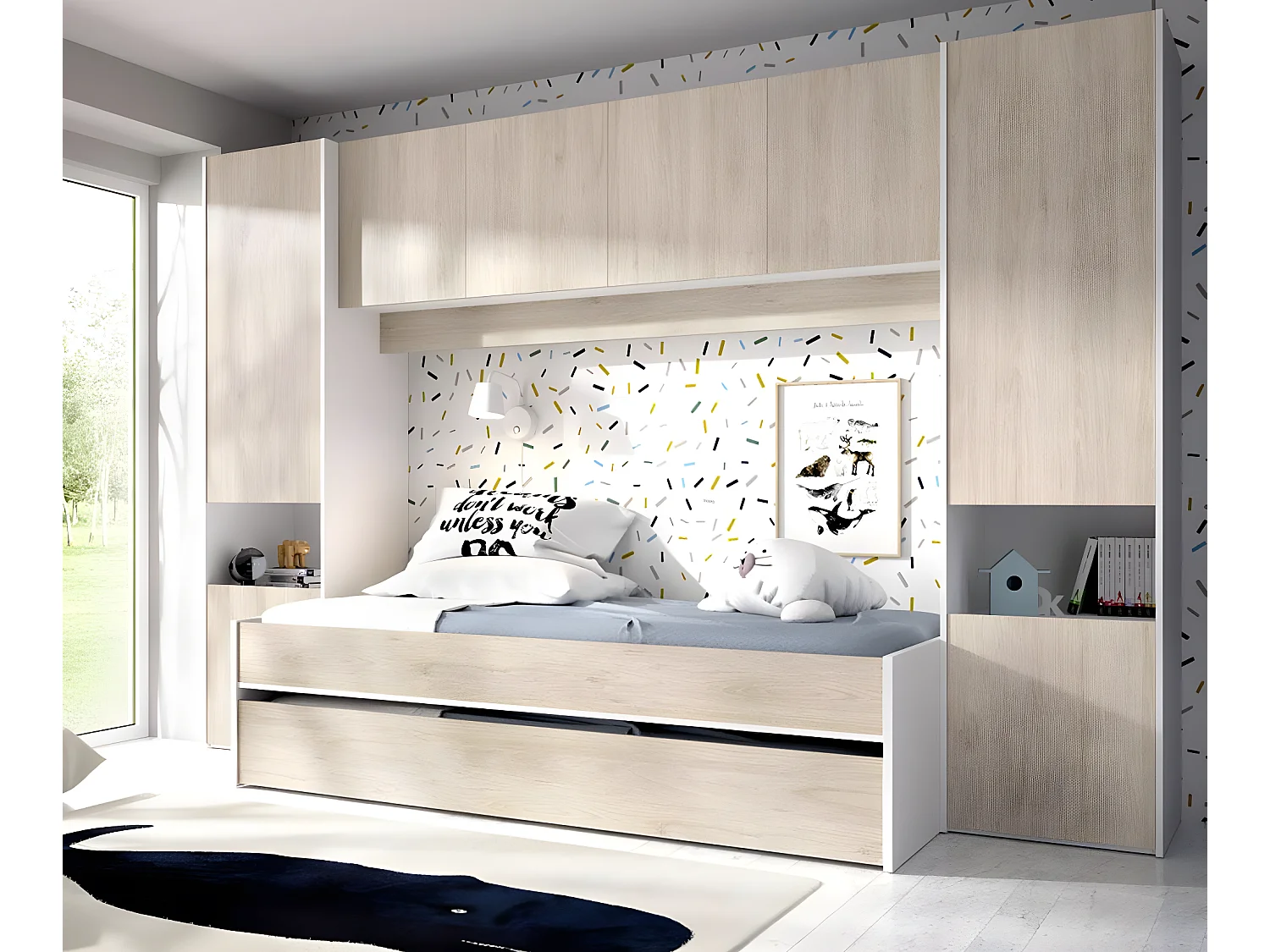 Lit enfant gigogne 90 x 190 cm coloris blanc /chêne + armoire - Longueur 302 x Hauteur 203 x Profondeur 97 cm