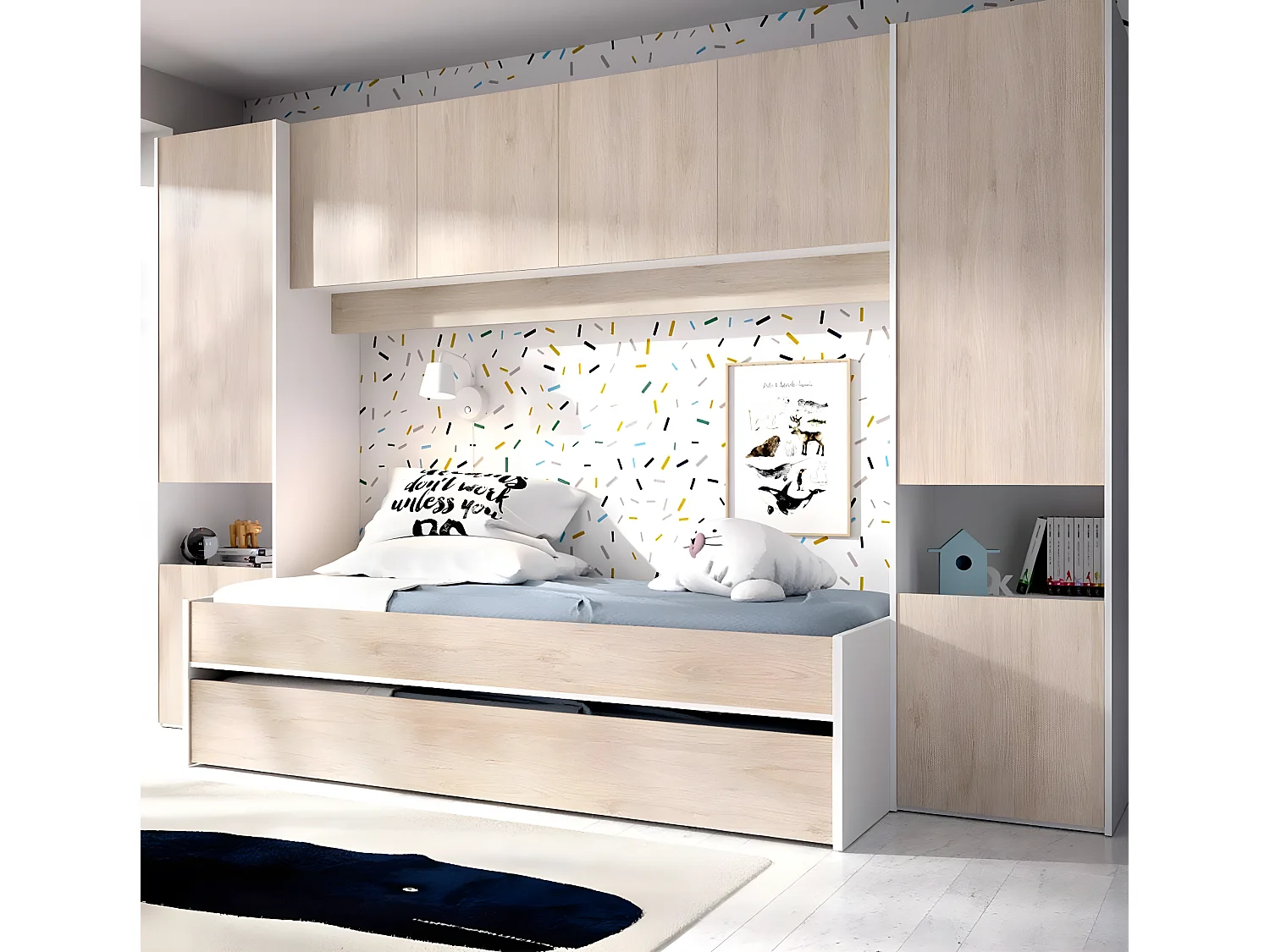 Lit enfant gigogne 90 x 190 cm coloris blanc /chêne + armoire - Longueur 302 x Hauteur 203 x Profondeur 97 cm