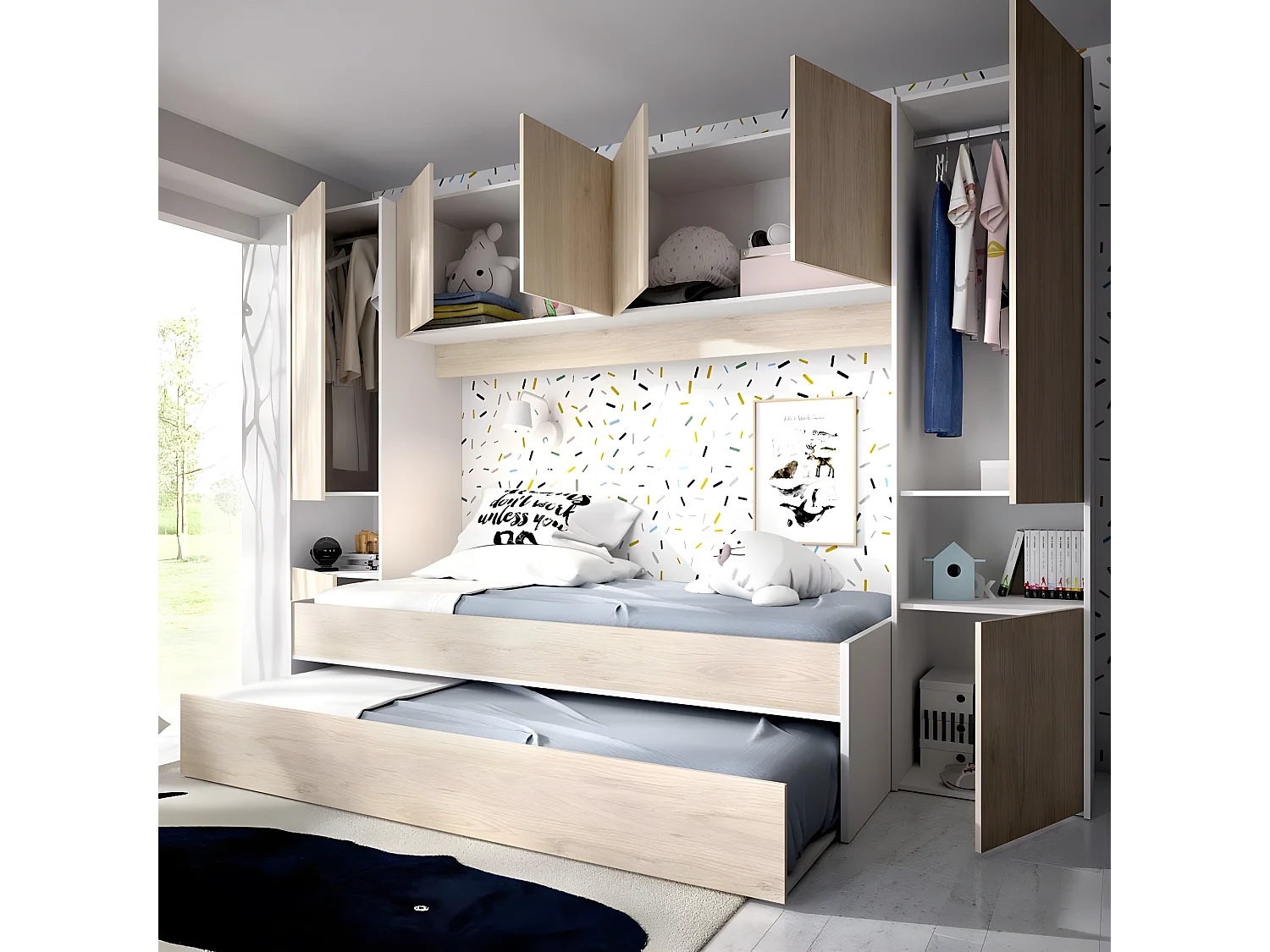 Lit enfant gigogne 90 x 190 cm coloris blanc /chêne + armoire - Longueur 302 x Hauteur 203 x Profondeur 97 cm