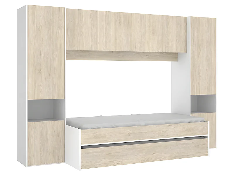 Lit enfant gigogne 90 x 190 cm coloris blanc /chêne + armoire - Longueur 302 x Hauteur 203 x Profondeur 97 cm