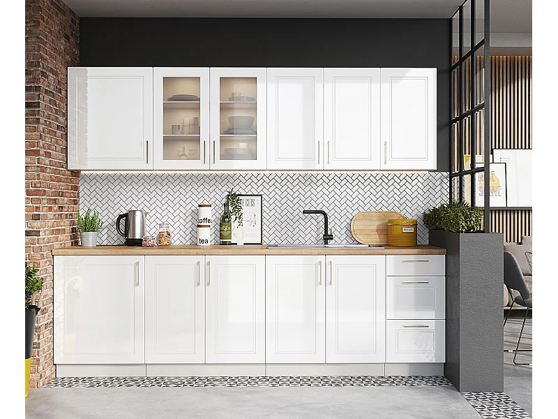 Cuisine complète Nela 8 éléments couleur blanc brillant - Longueur 260 cm