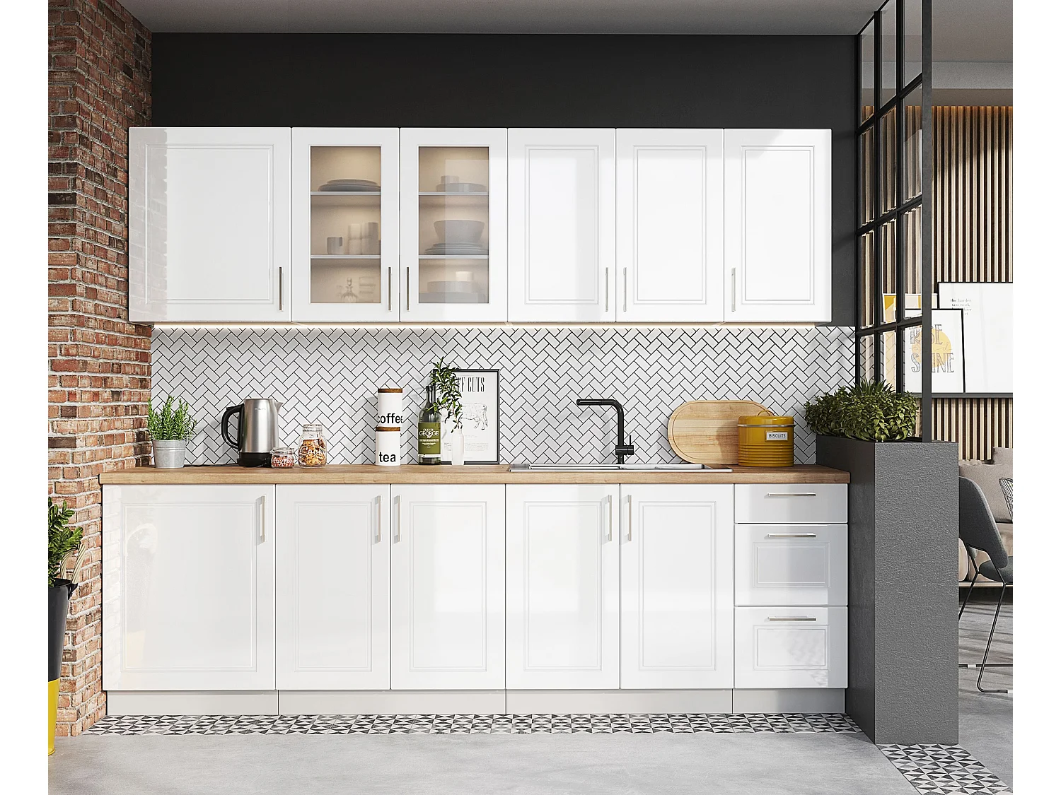 Cuisine complète Nela 8 éléments couleur blanc brillant - Longueur 260 cm