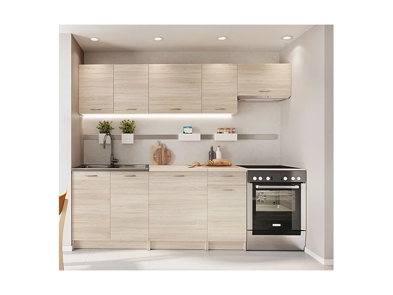 Cuisine complète Mila 7 éléments couleur chêne sonoma avec plan de travail inclus - Longueur 180/240 cm