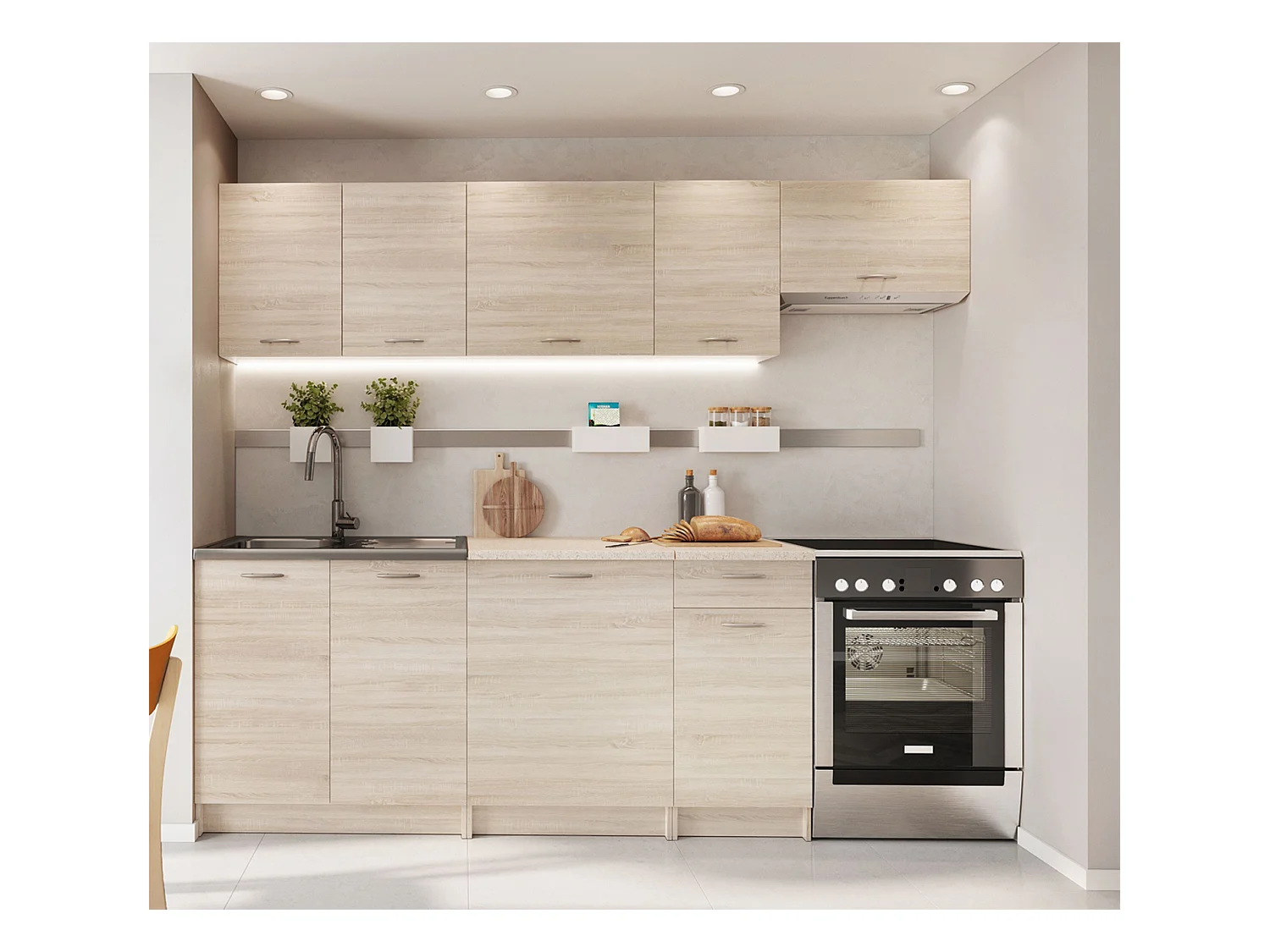 Cuisine complète Mila 7 éléments couleur chêne sonoma avec plan de travail inclus - Longueur 180/240 cm