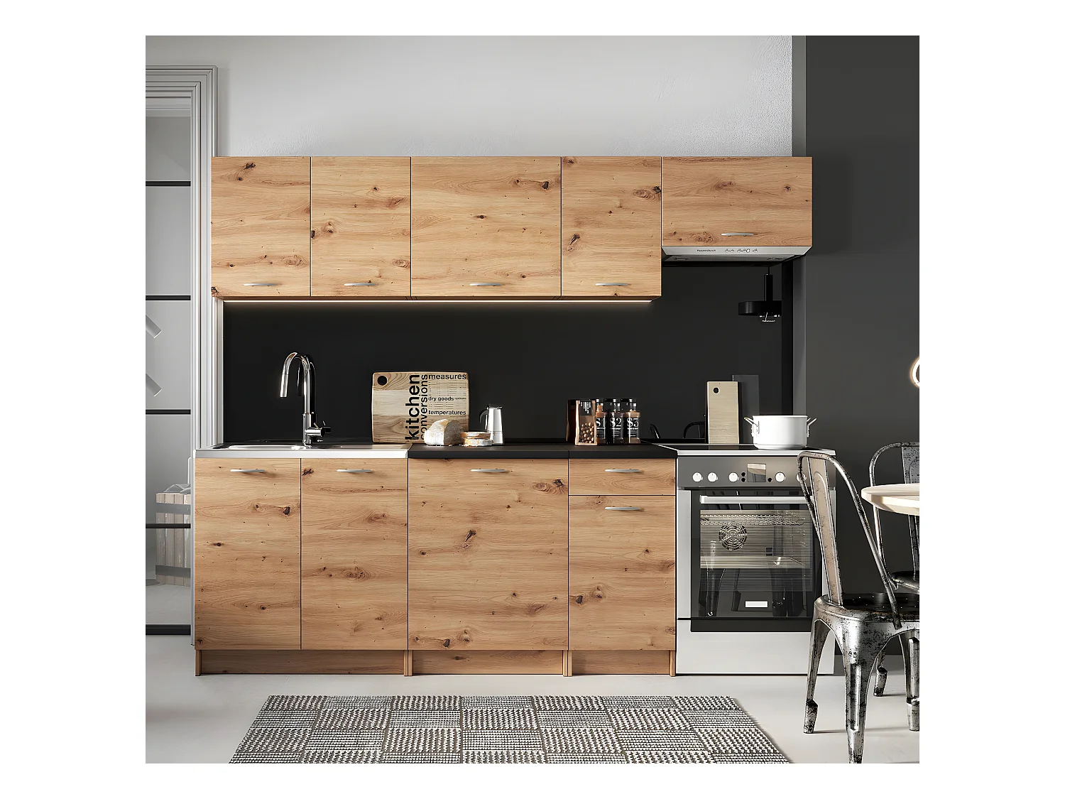 Cuisine complète Mila 7 éléments couleur chêne artisan avec plan de travail inclus - Longueur 180/240 cm