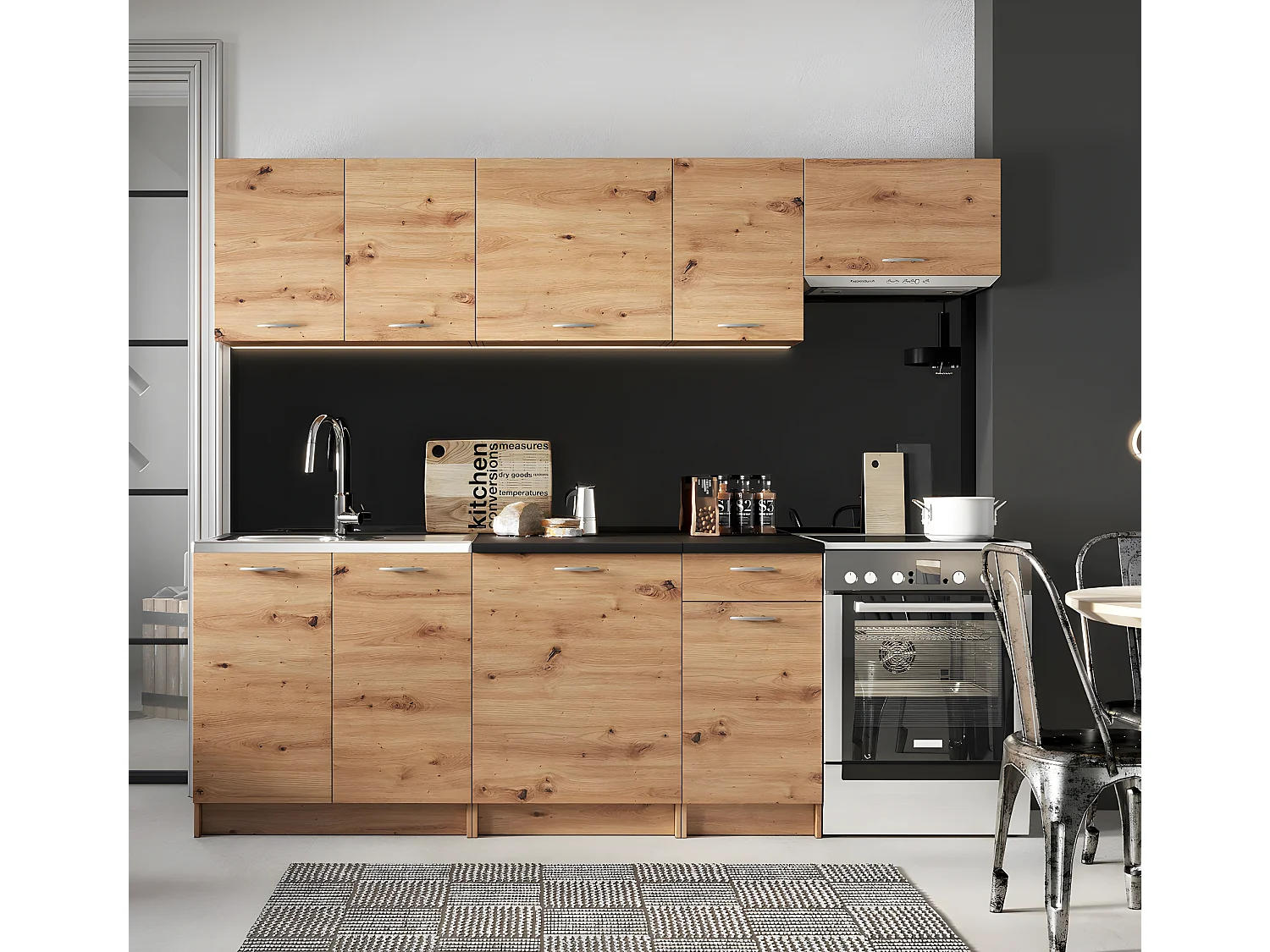 Cuisine complète Mila 7 éléments couleur chêne artisan avec plan de travail inclus - Longueur 180/240 cm