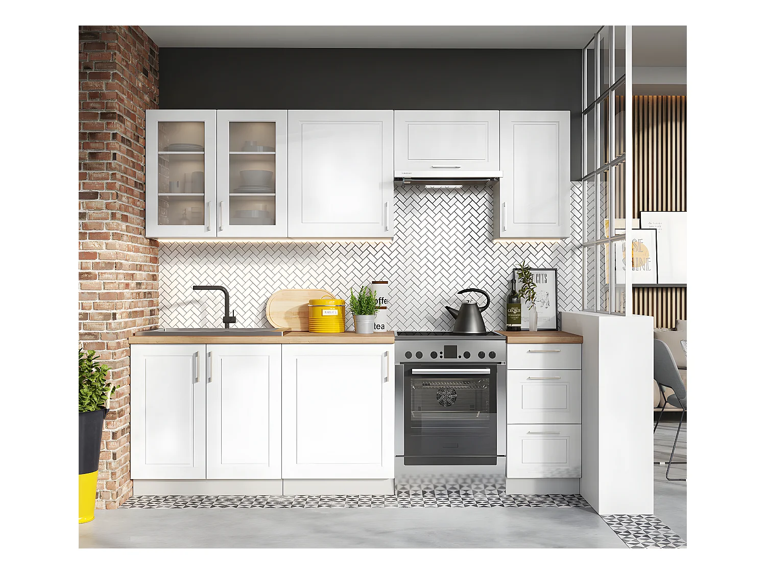 Cuisine complète Nela 7 éléments couleur blanc brillant - Longueur 180/240 cm