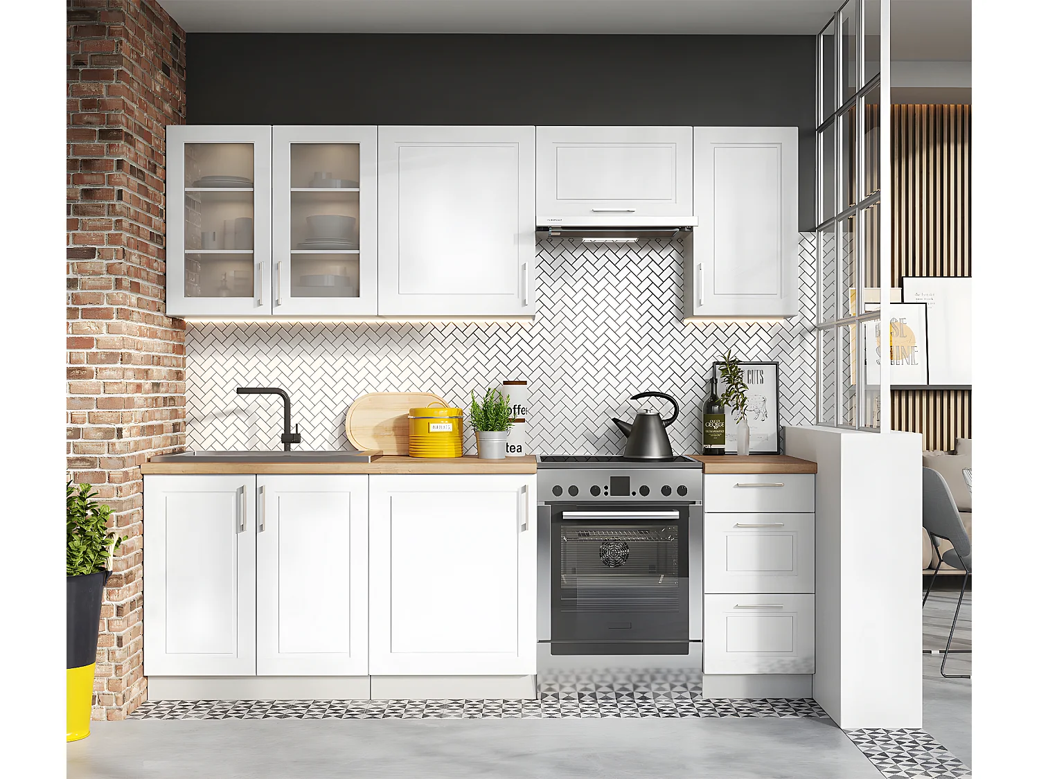 Cuisine complète Nela 7 éléments couleur blanc brillant - Longueur 180/240 cm