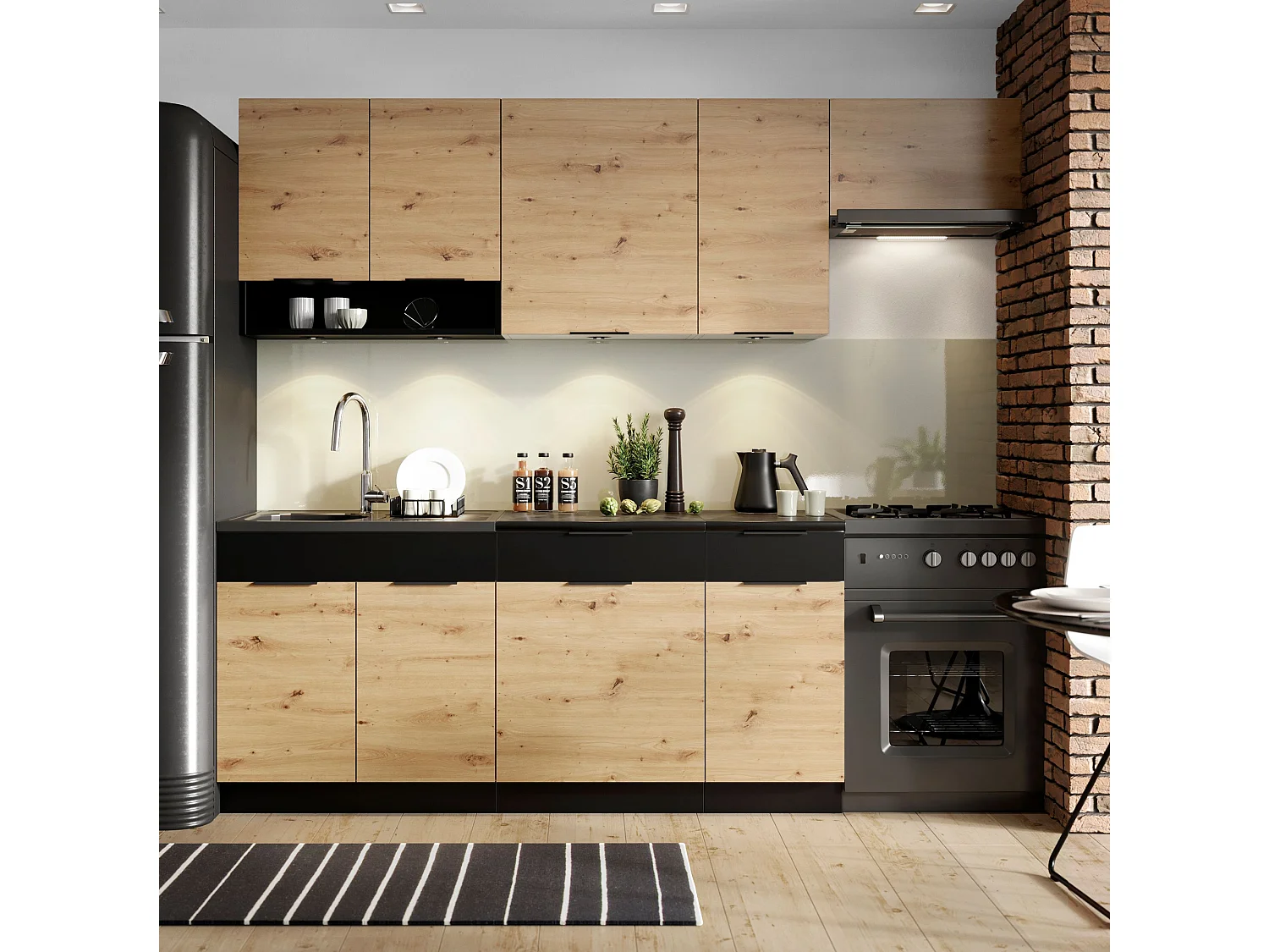 Cuisine complète Erika 7 éléments couleur chêne artisan/noire avec plan de travail inclus - Longueur 180/240 cm