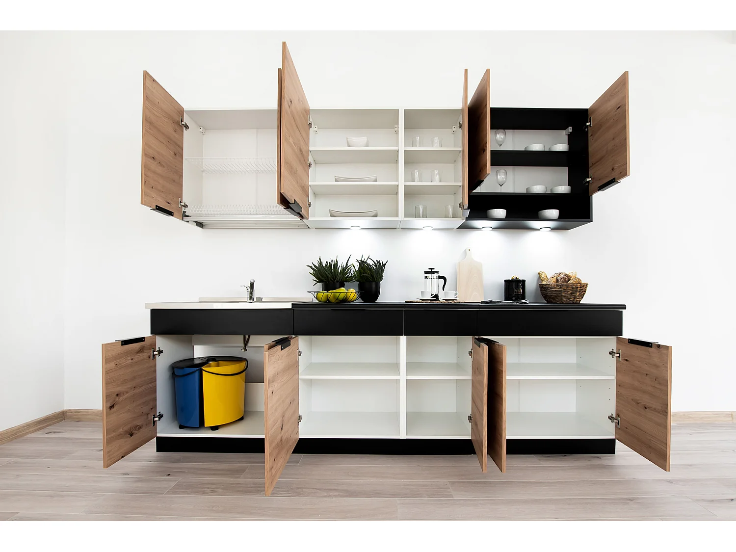 Cuisine complète Erika 7 éléments couleur chêne artisan/noire avec plan de travail inclus - Longueur 180/240 cm